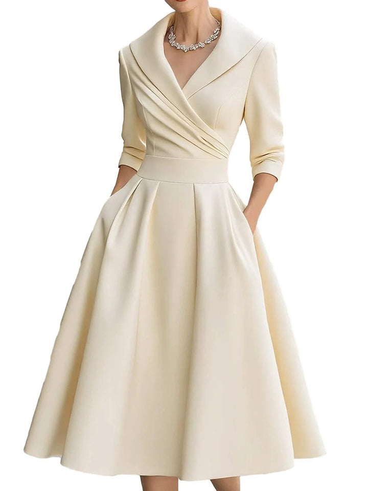 Elegant A-line Women's Dress Solid V-neck Midi Long Dressses With Sleeves Pockets Formal Office Spring Autumn Woman Clothing