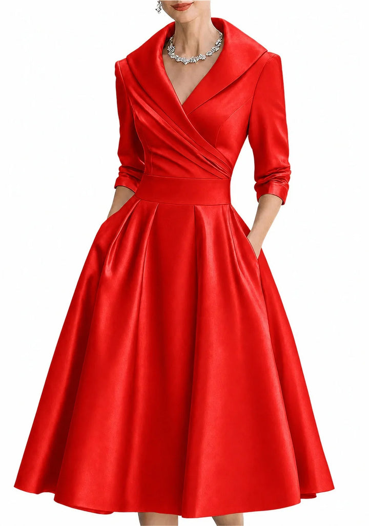 Elegant A-line Women's Dress Solid V-neck Midi Long Dressses With Sleeves Pockets Formal Office Spring Autumn Woman Clothing
