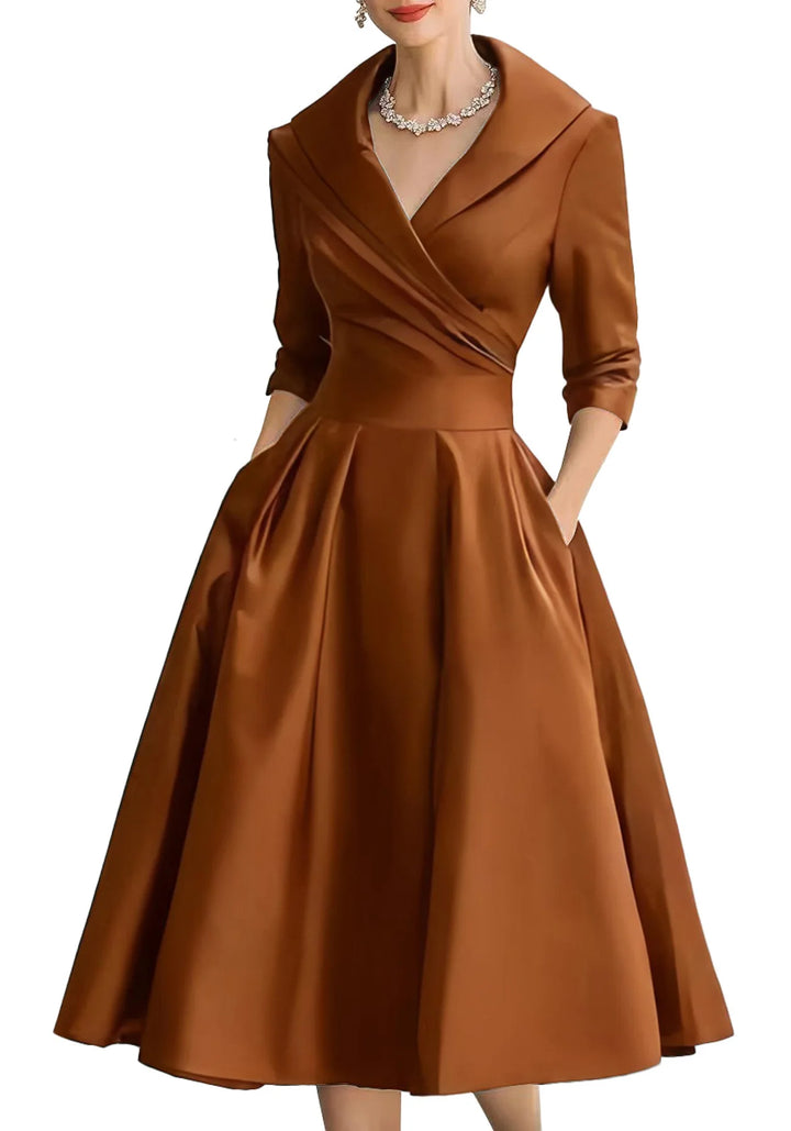 Znaiml Women's Satin A-Line Dress Lapel Collar Long Sleeve Ruched Waist Flared Hem Formal Dresses for Wedding Guest Cocktail