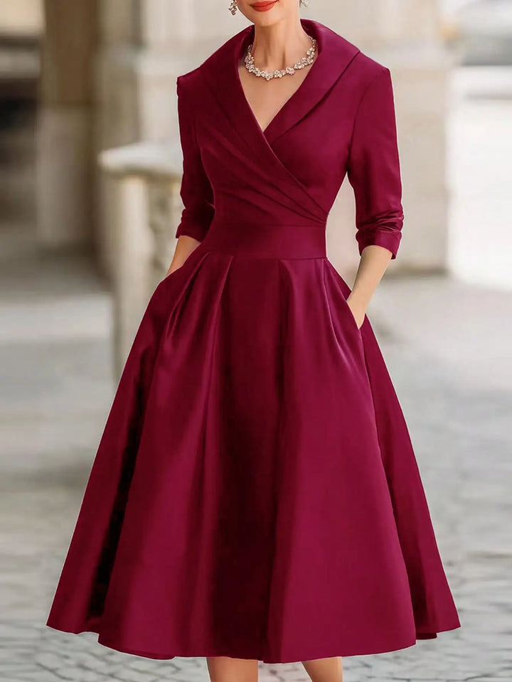 Elegant A-line Women's Dress Solid V-neck Midi Long Dressses With Sleeves Pockets Formal Office Spring Autumn Woman Clothing