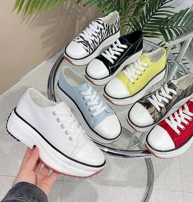 Spring Hot Sale Of The Season Women's Low-Top Thick-Heeled Canvas Shoes Adhesive Flat Heel Single Shoes Rubber Outsole Pure Colo