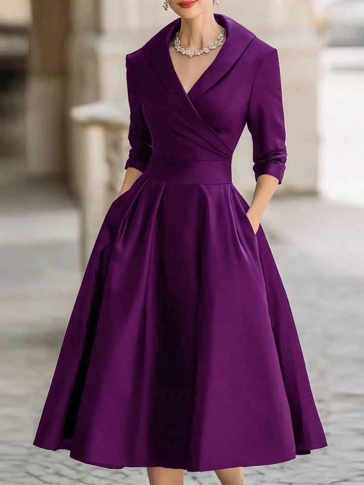 Elegant A-line Women's Dress Solid V-neck Midi Long Dressses With Sleeves Pockets Formal Office Spring Autumn Woman Clothing