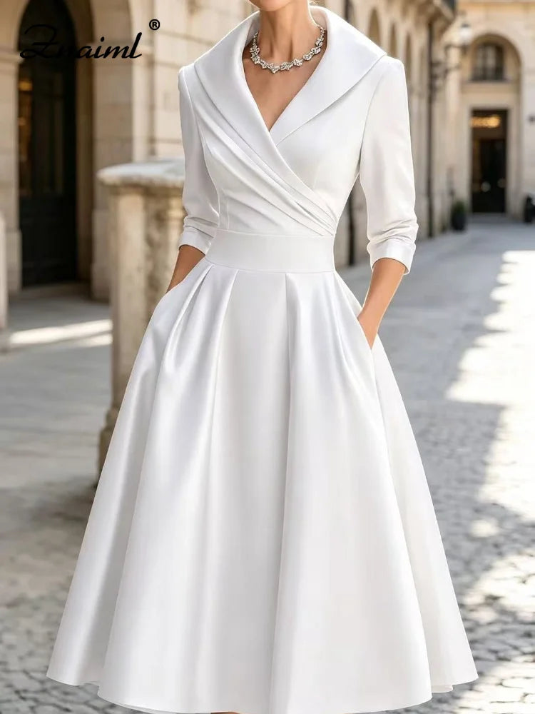 Znaiml Women's Satin A-Line Dress Lapel Collar Long Sleeve Ruched Waist Flared Hem Formal Dresses for Wedding Guest Cocktail