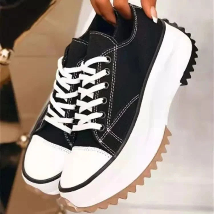 Spring Hot Sale Of The Season Women's Low-Top Thick-Heeled Canvas Shoes Adhesive Flat Heel Single Shoes Rubber Outsole Pure Colo