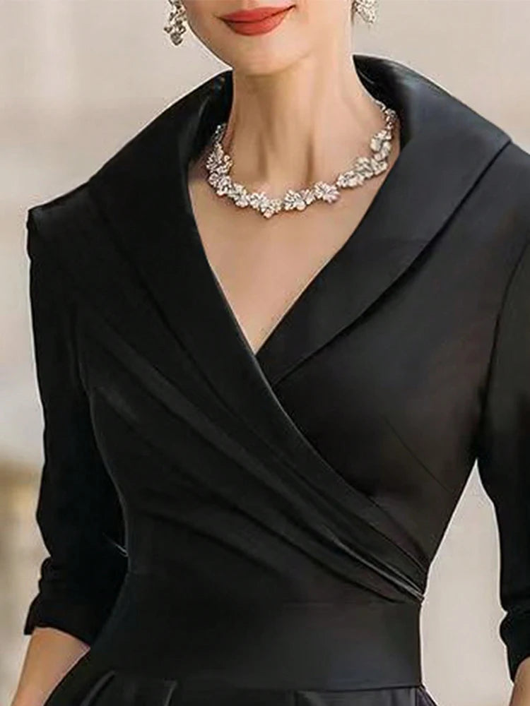 Elegant A-line Women's Dress Solid V-neck Midi Long Dressses With Sleeves Pockets Formal Office Spring Autumn Woman Clothing