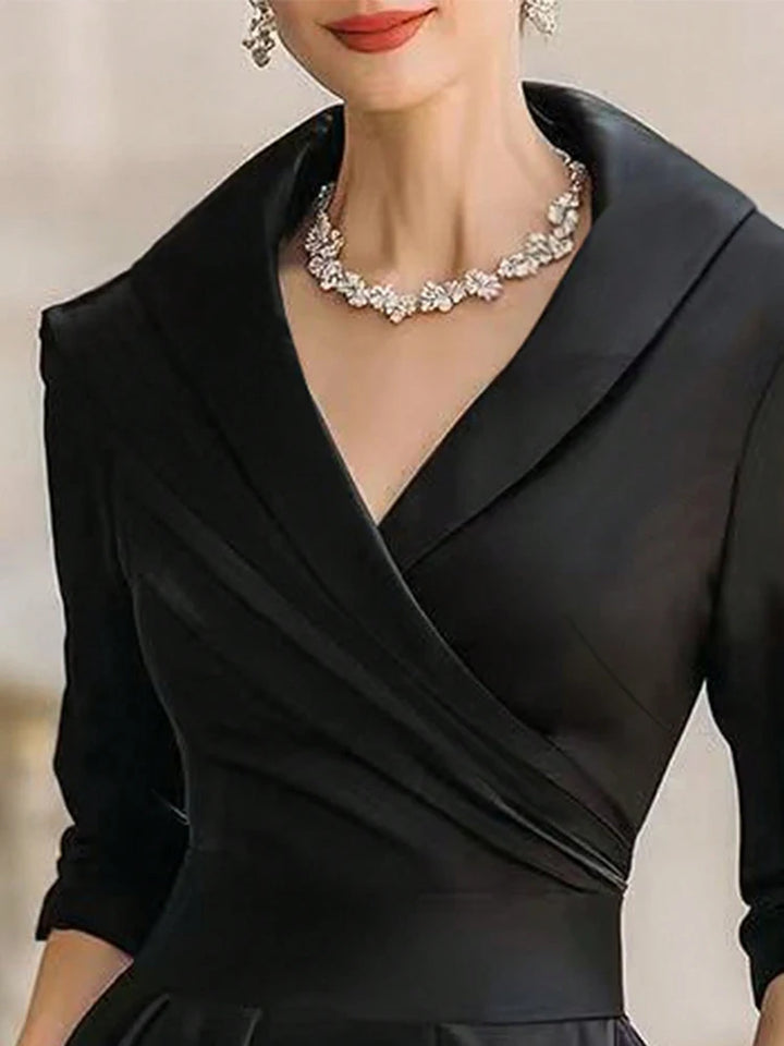 Elegant A-line Women's Dress Solid V-neck Midi Long Dressses With Sleeves Pockets Formal Office Spring Autumn Woman Clothing