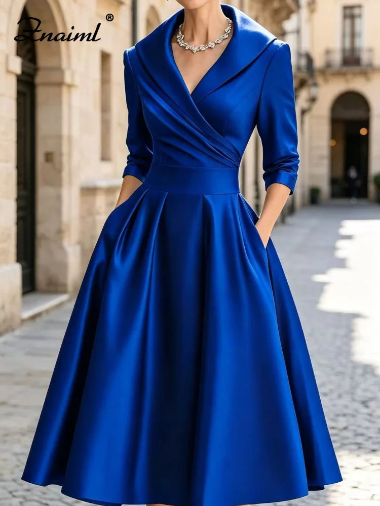 Znaiml Women's Satin A-Line Dress Lapel Collar Long Sleeve Ruched Waist Flared Hem Formal Dresses for Wedding Guest Cocktail