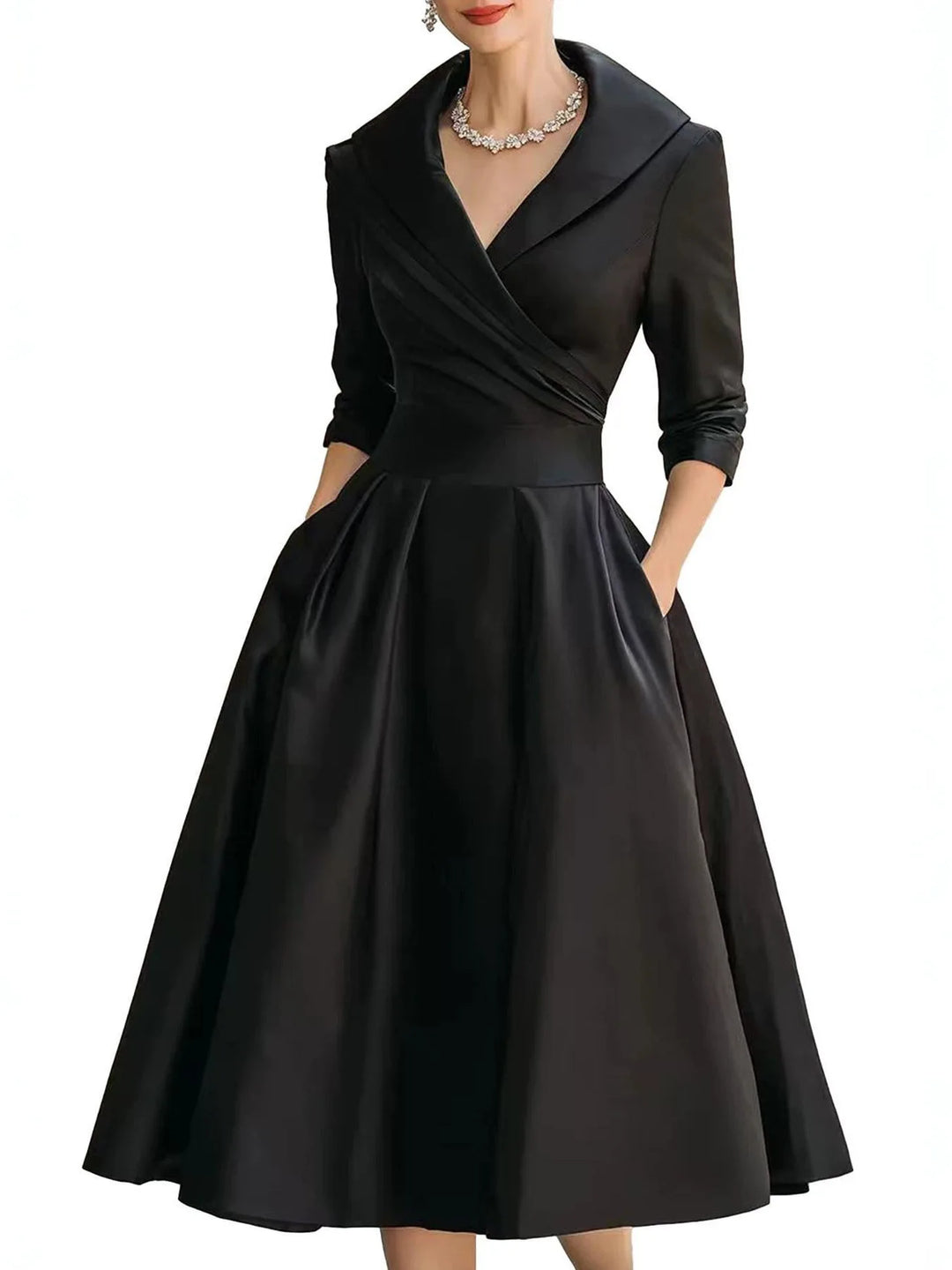 Znaiml Women's Satin A-Line Dress Lapel Collar Long Sleeve Ruched Waist Flared Hem Formal Dresses for Wedding Guest Cocktail