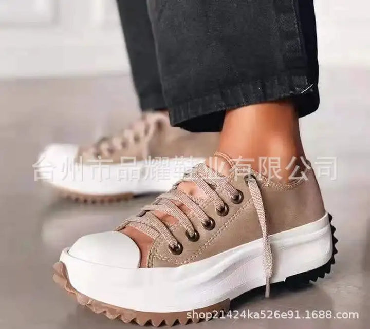 Spring Hot Sale Of The Season Women's Low-Top Thick-Heeled Canvas Shoes Adhesive Flat Heel Single Shoes Rubber Outsole Pure Colo