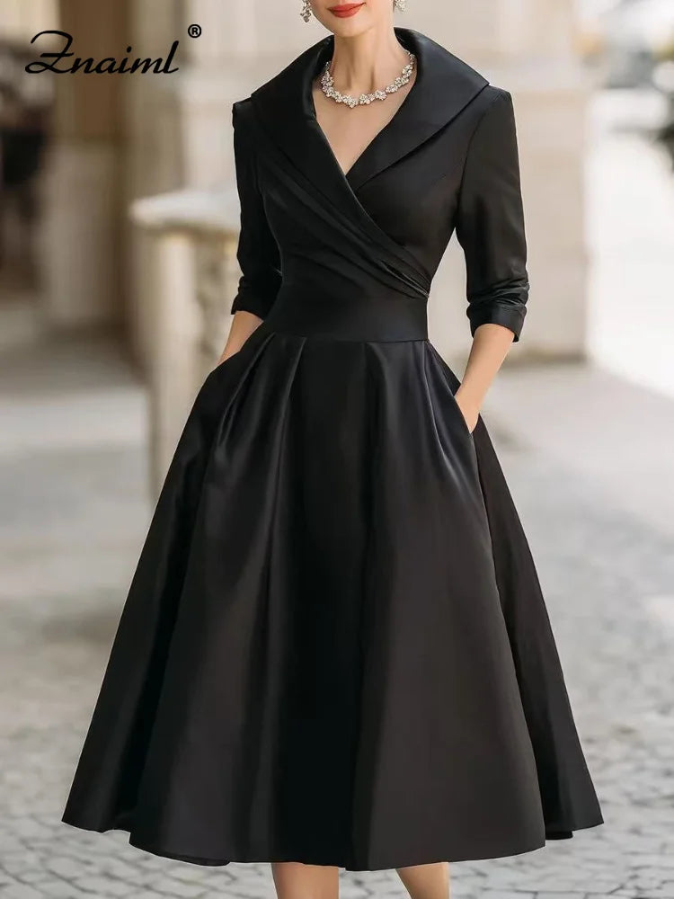 Znaiml Women's Satin A-Line Dress Lapel Collar Long Sleeve Ruched Waist Flared Hem Formal Dresses for Wedding Guest Cocktail