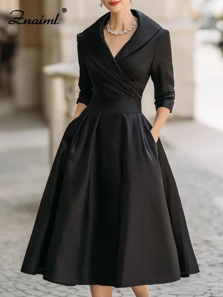 Znaiml Women's Satin A-Line Dress Lapel Collar Long Sleeve Ruched Waist Flared Hem Formal Dresses for Wedding Guest Cocktail