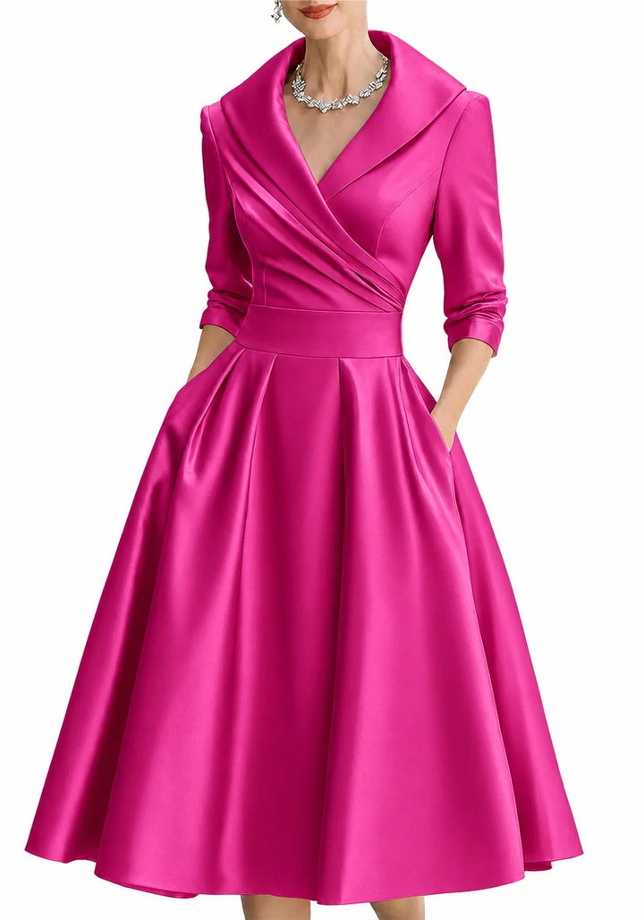 Znaiml Women's Satin A-Line Dress Lapel Collar Long Sleeve Ruched Waist Flared Hem Formal Dresses for Wedding Guest Cocktail