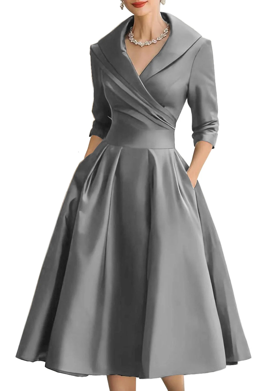 Znaiml Women's Satin A-Line Dress Lapel Collar Long Sleeve Ruched Waist Flared Hem Formal Dresses for Wedding Guest Cocktail