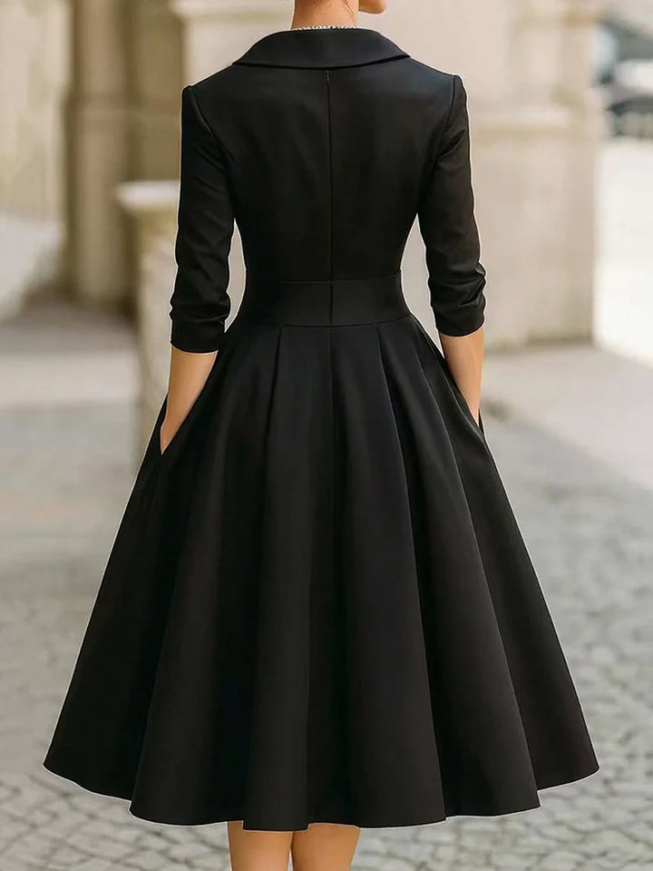 Elegant A-line Women's Dress Solid V-neck Midi Long Dressses With Sleeves Pockets Formal Office Spring Autumn Woman Clothing