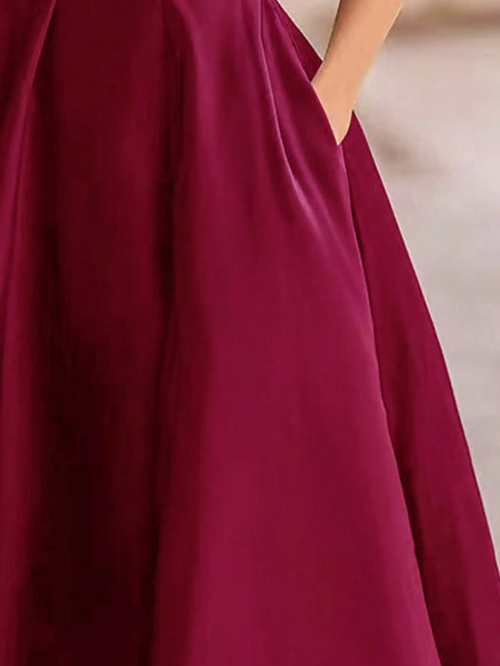 Elegant A-line Women's Dress Solid V-neck Midi Long Dressses With Sleeves Pockets Formal Office Spring Autumn Woman Clothing