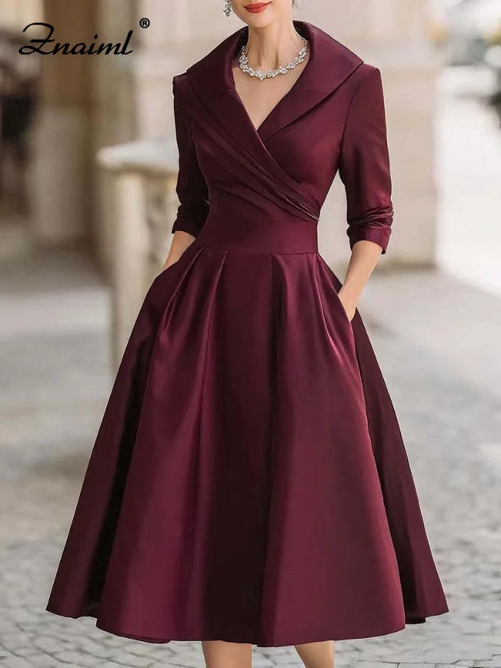 Znaiml Women's Satin A-Line Dress Lapel Collar Long Sleeve Ruched Waist Flared Hem Formal Dresses for Wedding Guest Cocktail