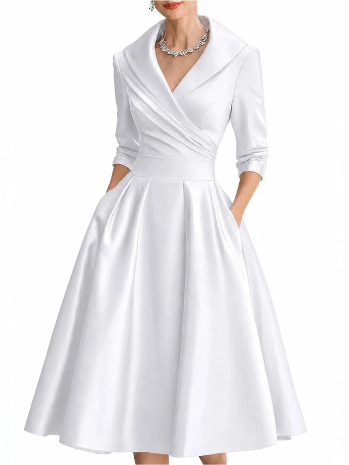 Elegant A-line Women's Dress Solid V-neck Midi Long Dressses With Sleeves Pockets Formal Office Spring Autumn Woman Clothing