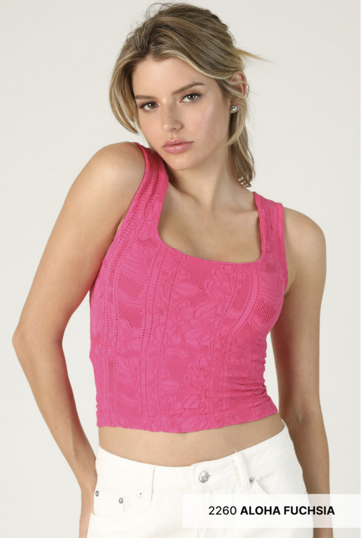 Double Lace Square Neck Crop Tank Top – Floral Lace Fitted Stretch Cami for Women
