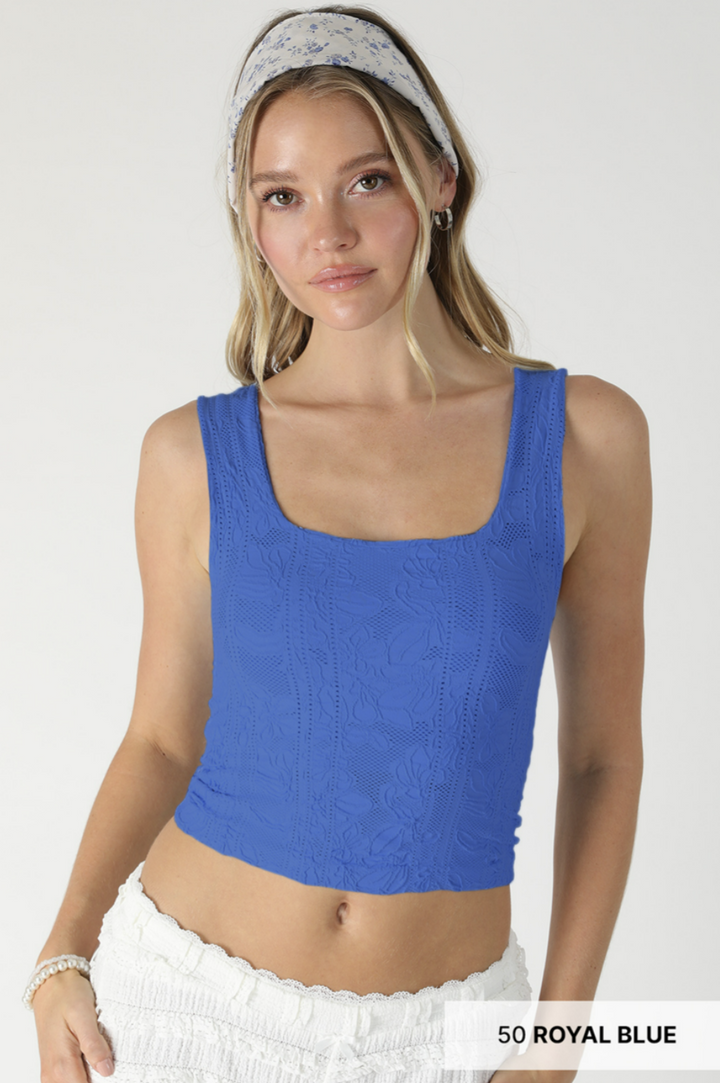 Double Lace Square Neck Crop Tank Top – Floral Lace Fitted Stretch Cami for Women