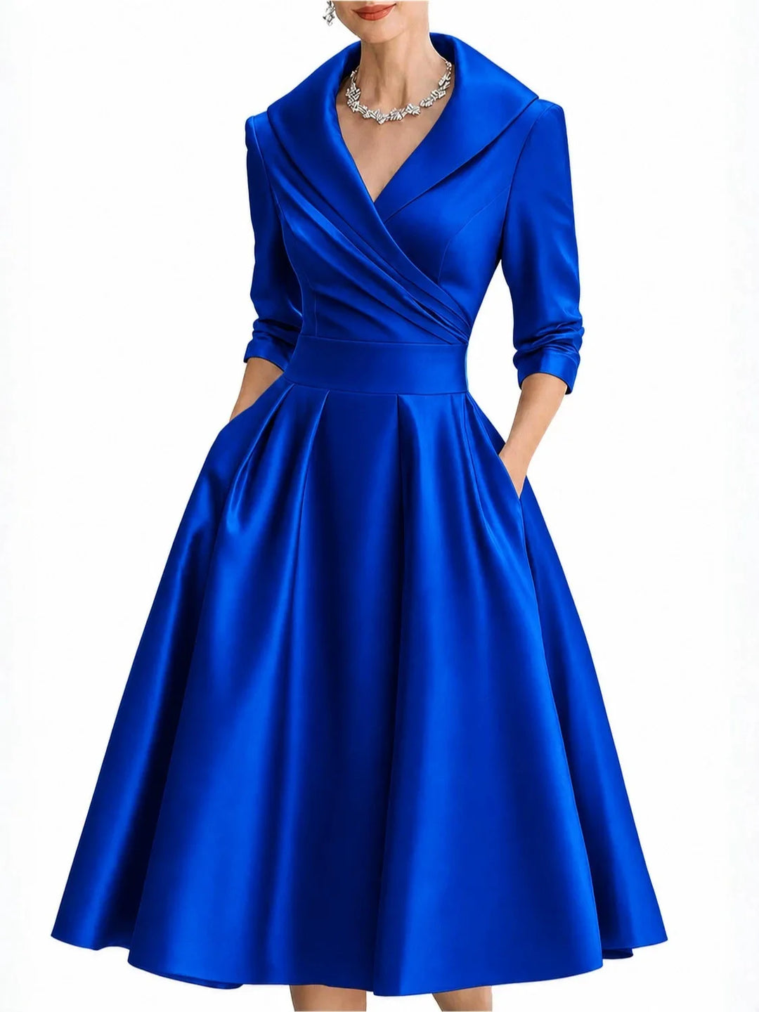 Znaiml Women's Satin A-Line Dress Lapel Collar Long Sleeve Ruched Waist Flared Hem Formal Dresses for Wedding Guest Cocktail