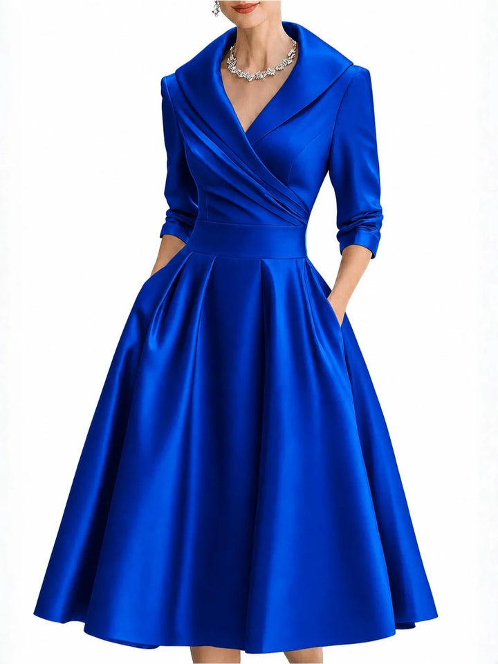 Znaiml Women's Satin A-Line Dress Lapel Collar Long Sleeve Ruched Waist Flared Hem Formal Dresses for Wedding Guest Cocktail