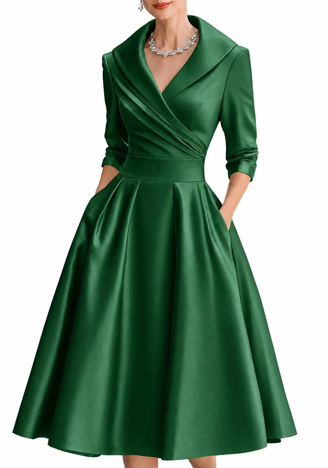 Elegant A-line Women's Dress Solid V-neck Midi Long Dressses With Sleeves Pockets Formal Office Spring Autumn Woman Clothing