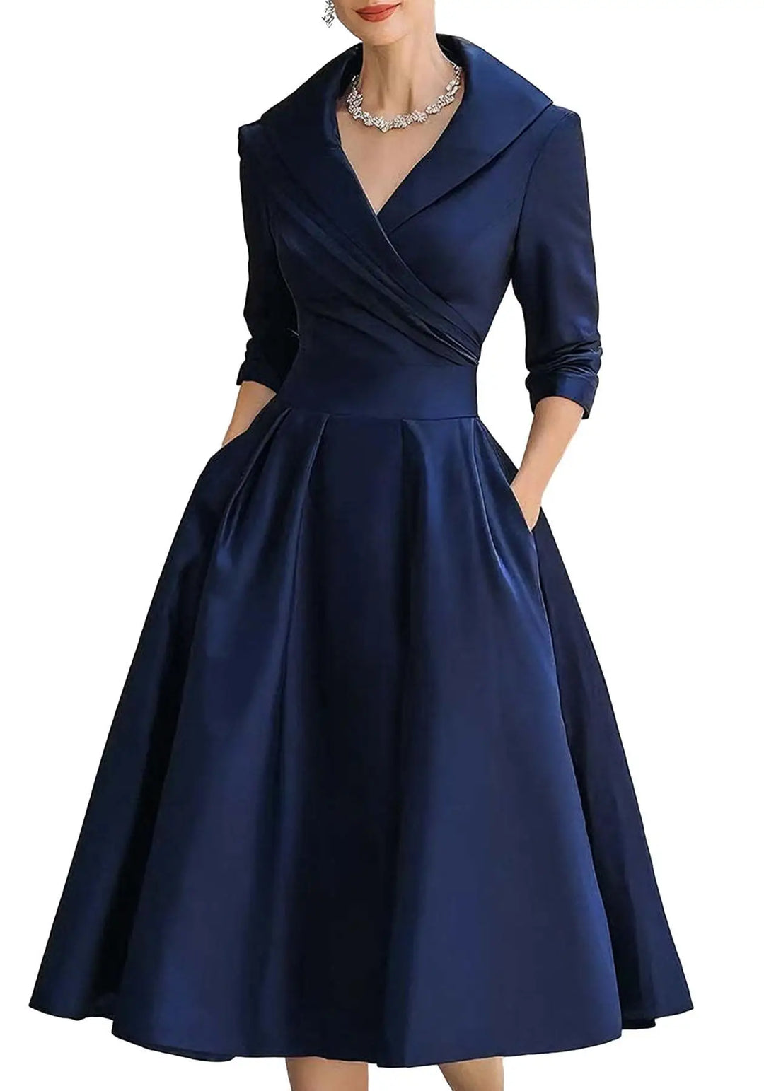 Znaiml Women's Satin A-Line Dress Lapel Collar Long Sleeve Ruched Waist Flared Hem Formal Dresses for Wedding Guest Cocktail