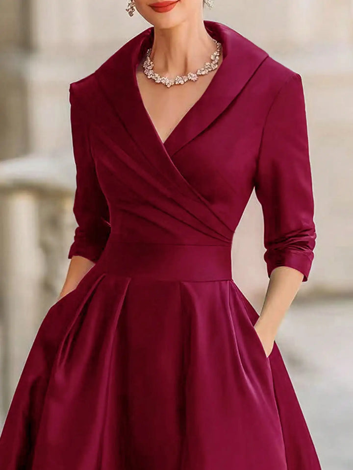 Elegant A-line Women's Dress Solid V-neck Midi Long Dressses With Sleeves Pockets Formal Office Spring Autumn Woman Clothing