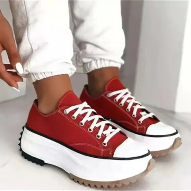 Spring Hot Sale Of The Season Women's Low-Top Thick-Heeled Canvas Shoes Adhesive Flat Heel Single Shoes Rubber Outsole Pure Colo