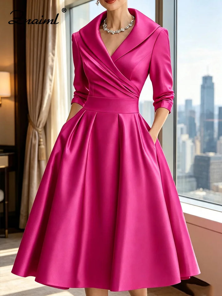 Znaiml Women's Satin A-Line Dress Lapel Collar Long Sleeve Ruched Waist Flared Hem Formal Dresses for Wedding Guest Cocktail
