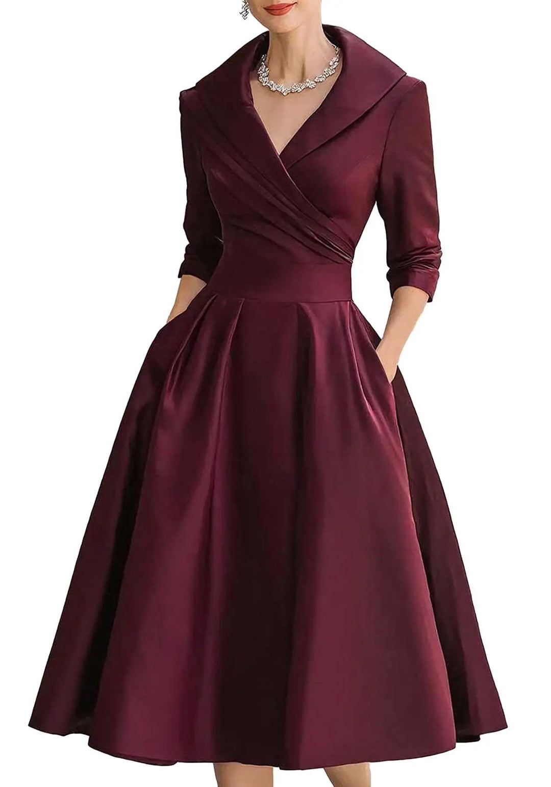 Znaiml Women's Satin A-Line Dress Lapel Collar Long Sleeve Ruched Waist Flared Hem Formal Dresses for Wedding Guest Cocktail