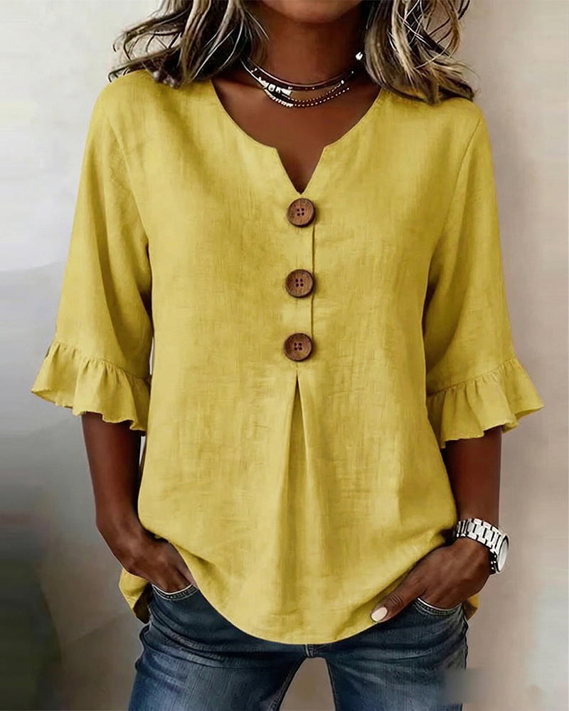 Solid Color Cotton-Linen Blouse with Buttons and Ruffles