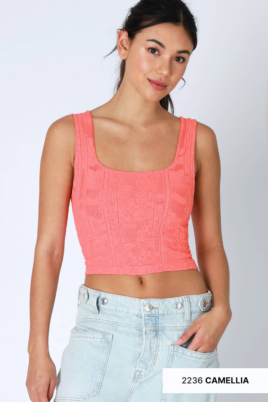 Double Lace Square Neck Crop Tank Top – Floral Lace Fitted Stretch Cami for Women
