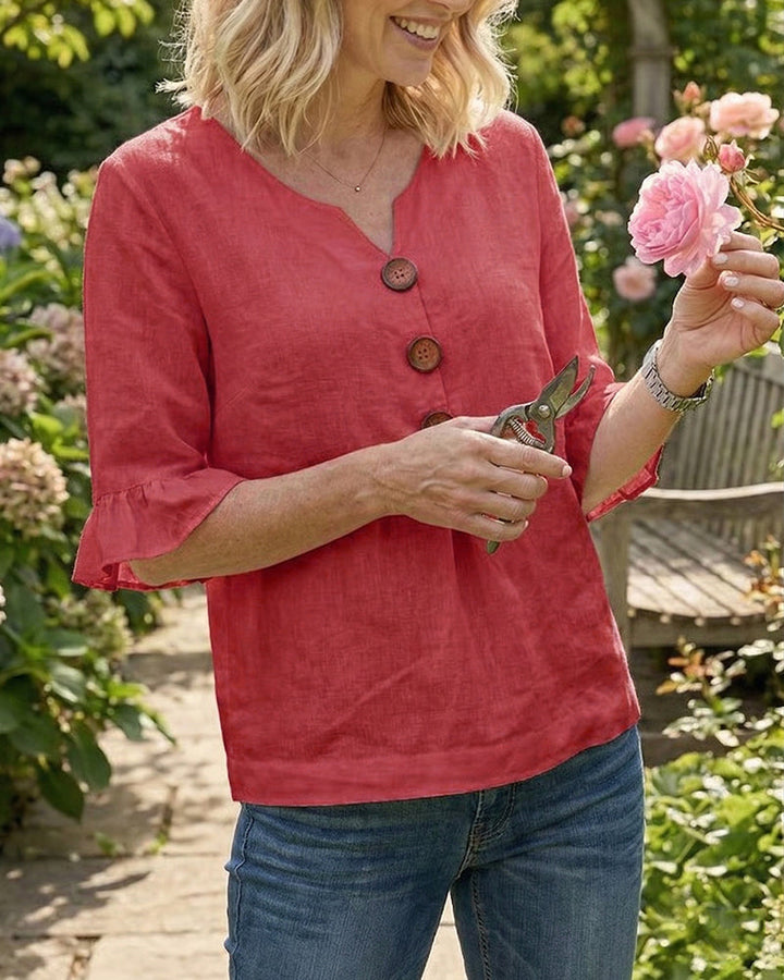 Solid Color Cotton-Linen Blouse with Buttons and Ruffles