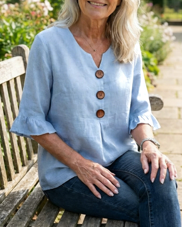 Solid Color Cotton-Linen Blouse with Buttons and Ruffles