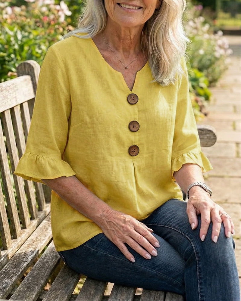 Solid Color Cotton-Linen Blouse with Buttons and Ruffles