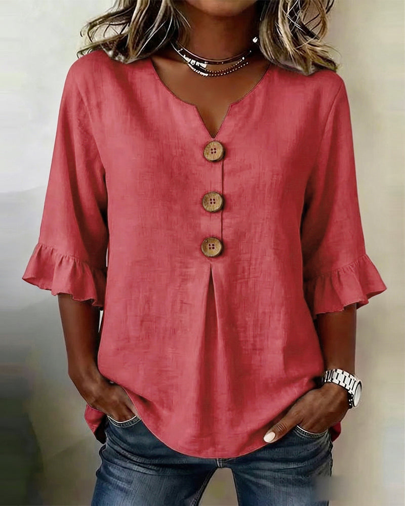 Solid Color Cotton-Linen Blouse with Buttons and Ruffles