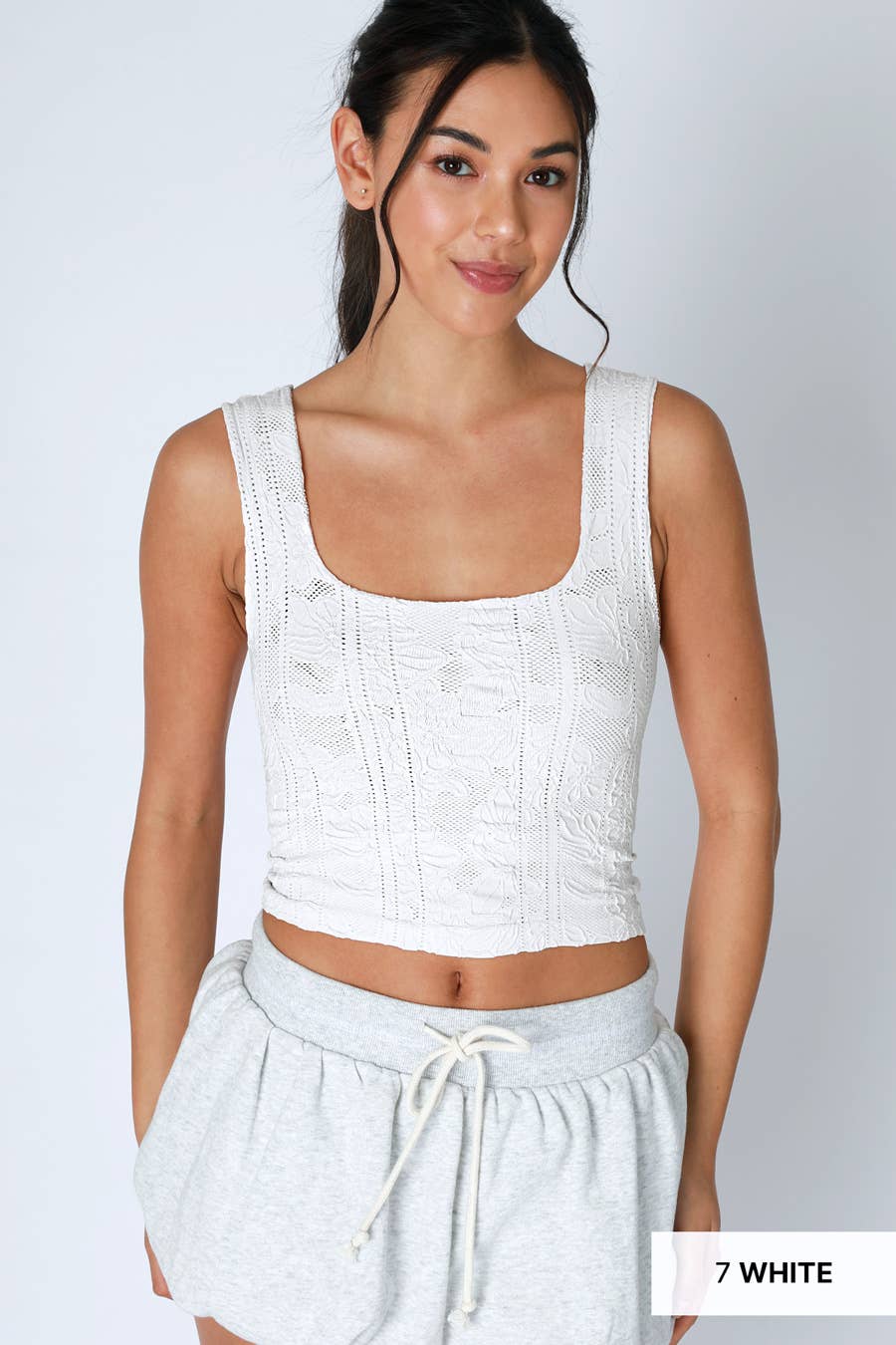 Double Lace Square Neck Crop Tank Top – Floral Lace Fitted Stretch Cami for Women