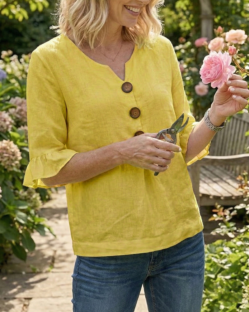 Solid Color Cotton-Linen Blouse with Buttons and Ruffles