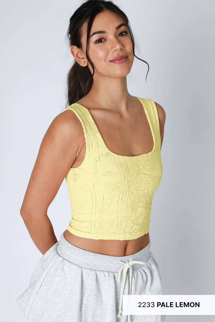Double Lace Square Neck Crop Tank Top – Floral Lace Fitted Stretch Cami for Women