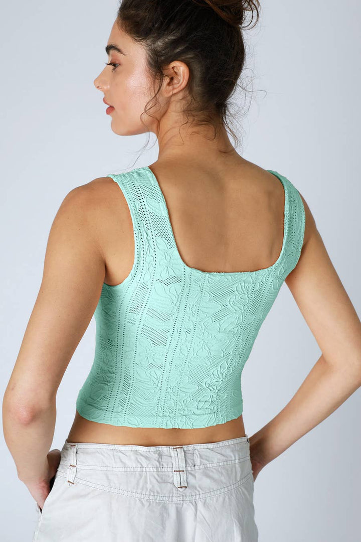 Double Lace Square Neck Crop Tank Top – Floral Lace Fitted Stretch Cami for Women