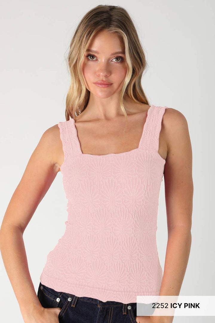 Lace Textured Square Tank Top | Fitted Stretch Seamless Camisole – Made in USA
