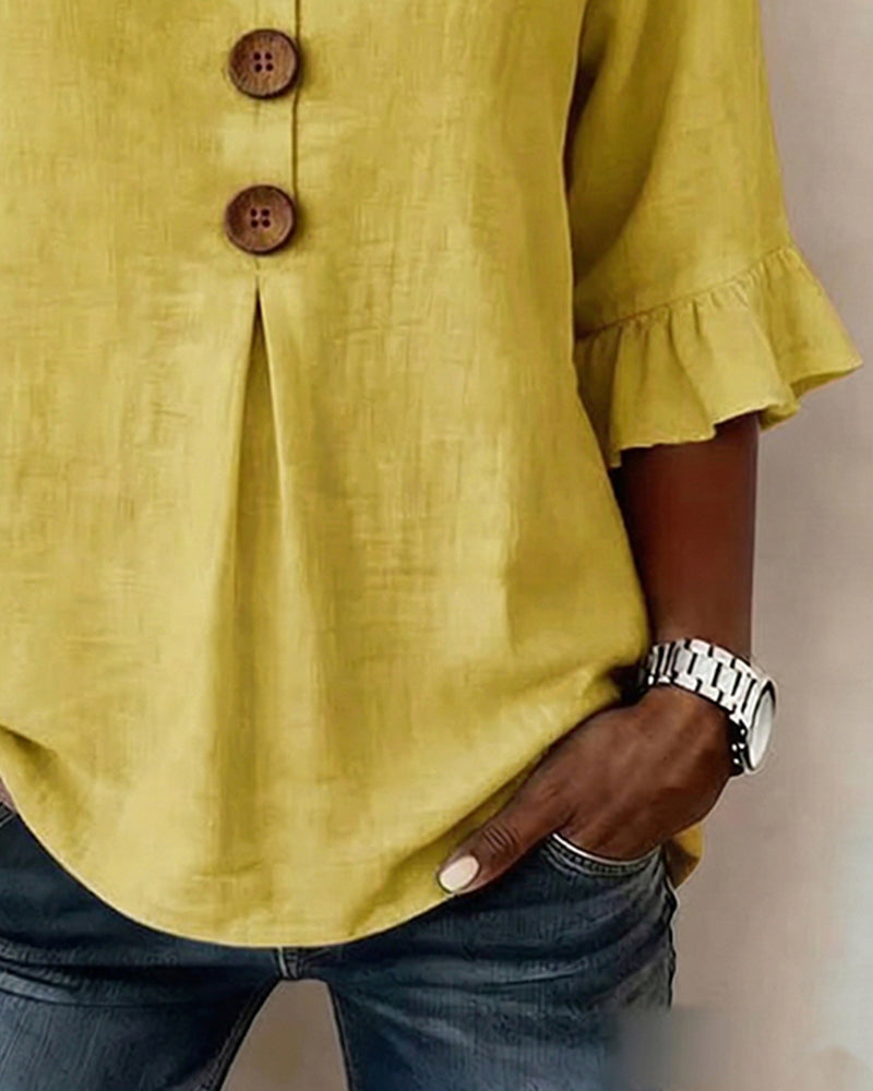 Solid Color Cotton-Linen Blouse with Buttons and Ruffles