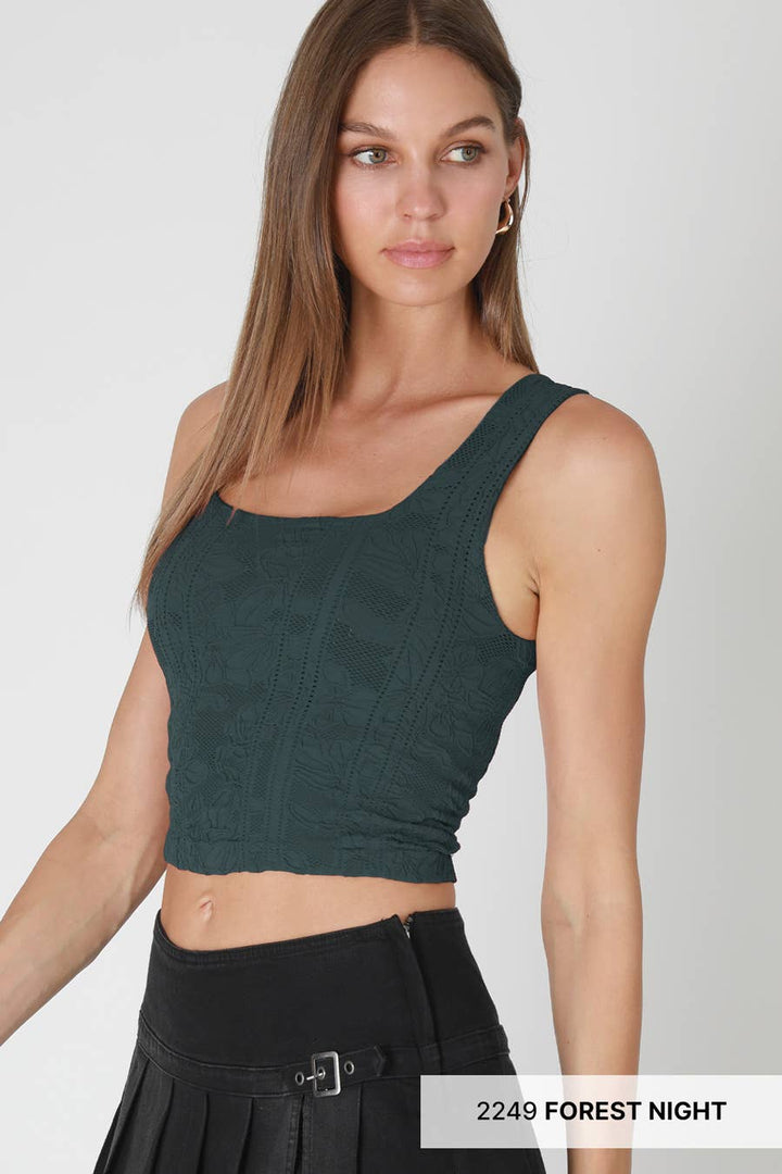 Double Lace Square Neck Crop Tank Top – Floral Lace Fitted Stretch Cami for Women