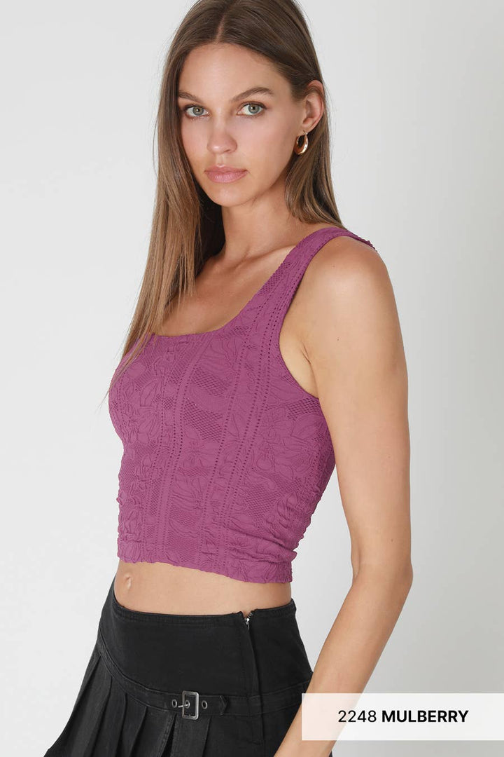Double Lace Square Neck Crop Tank Top – Floral Lace Fitted Stretch Cami for Women
