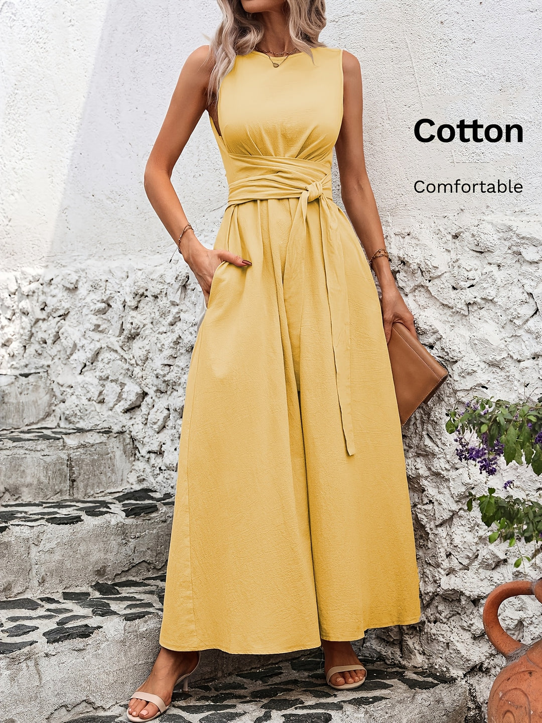 Effen kleur casual mouwloze jurk met strik