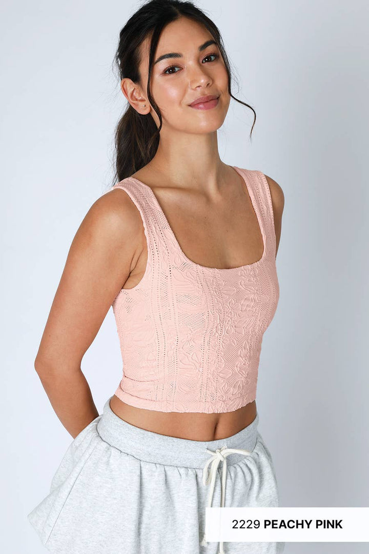 Double Lace Square Neck Crop Tank Top – Floral Lace Fitted Stretch Cami for Women