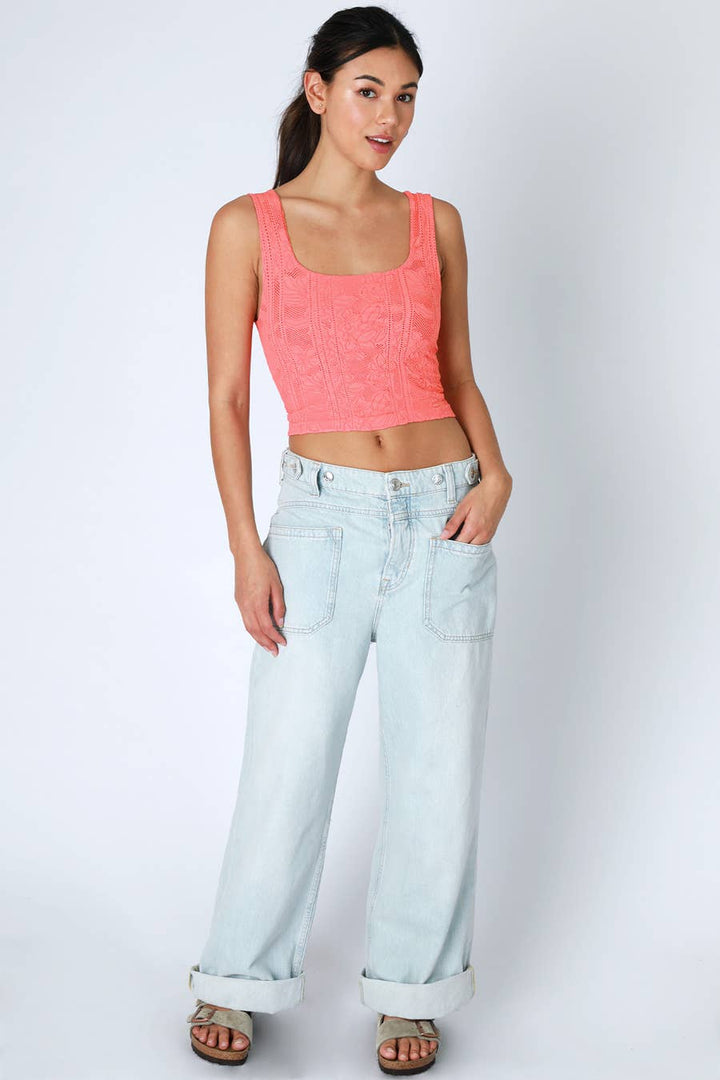 Double Lace Square Neck Crop Tank Top – Floral Lace Fitted Stretch Cami for Women
