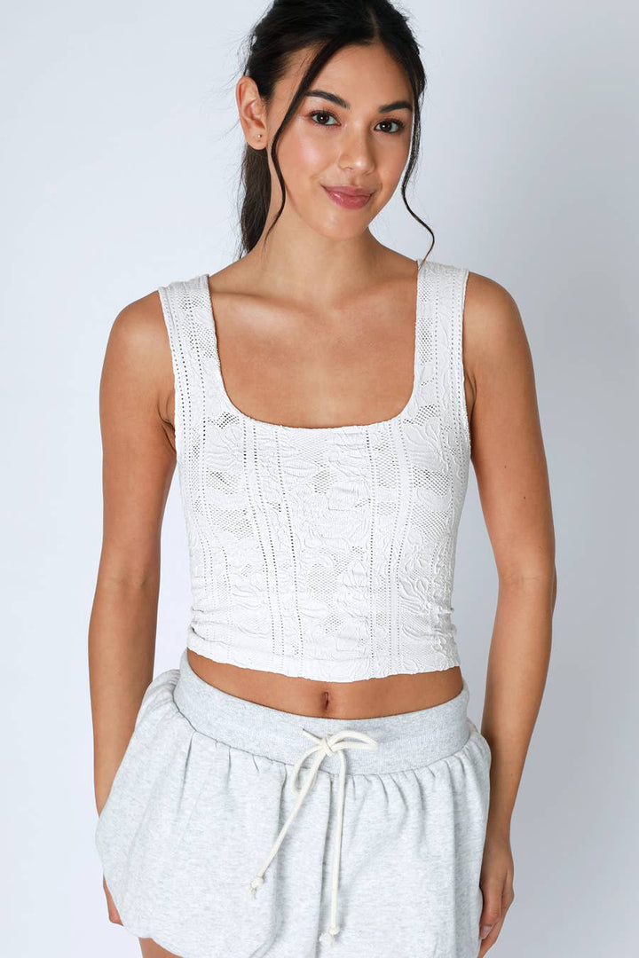 Double Lace Square Neck Crop Tank Top – Floral Lace Fitted Stretch Cami for Women