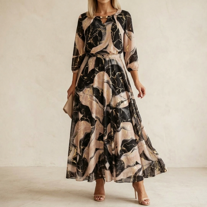 Vivara™ | Women's Marble Gold Chiffon Maxi Dress